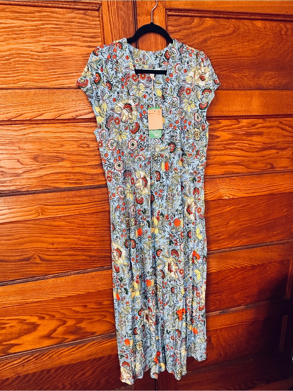 Boden Floral Short-Sleeve Maxi Dress in Blue with Orange & Yellow Accents